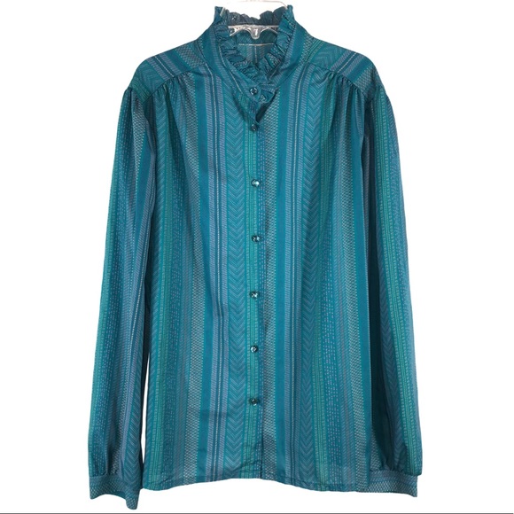 Vintage Turquoise Print Blouse, Size 1X - Picture 2 of 8